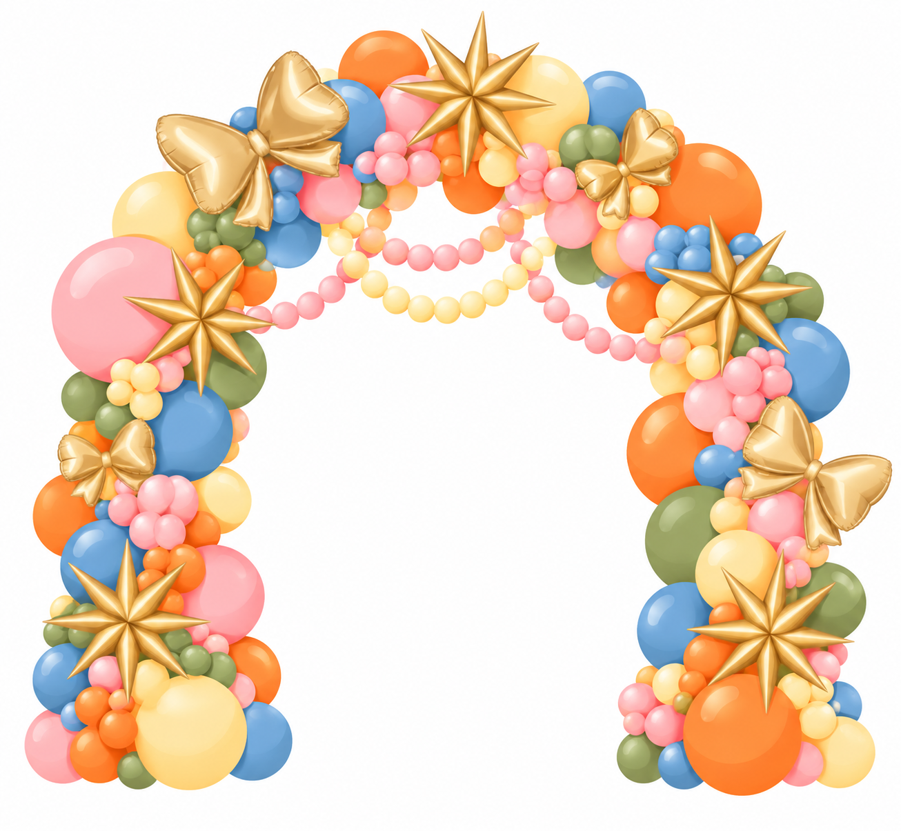Illustration of a Showstopper balloon arch with stars, bows and bead strands