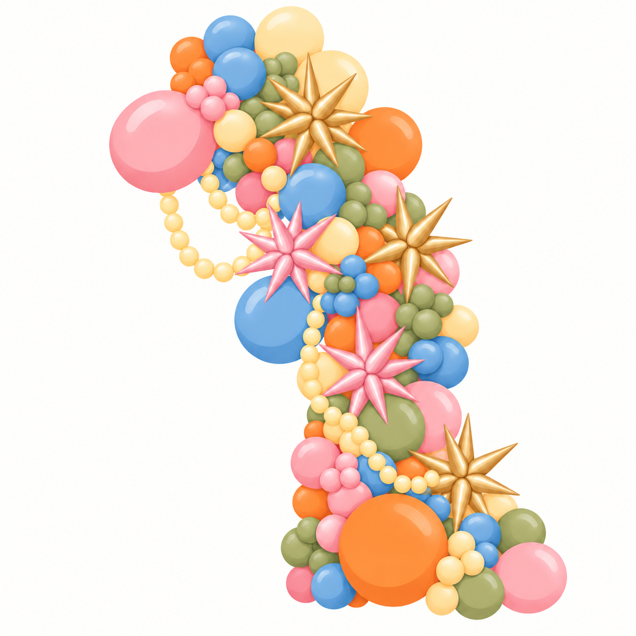 Illustration of a Showstopper balloon garland with star accents and bead strands