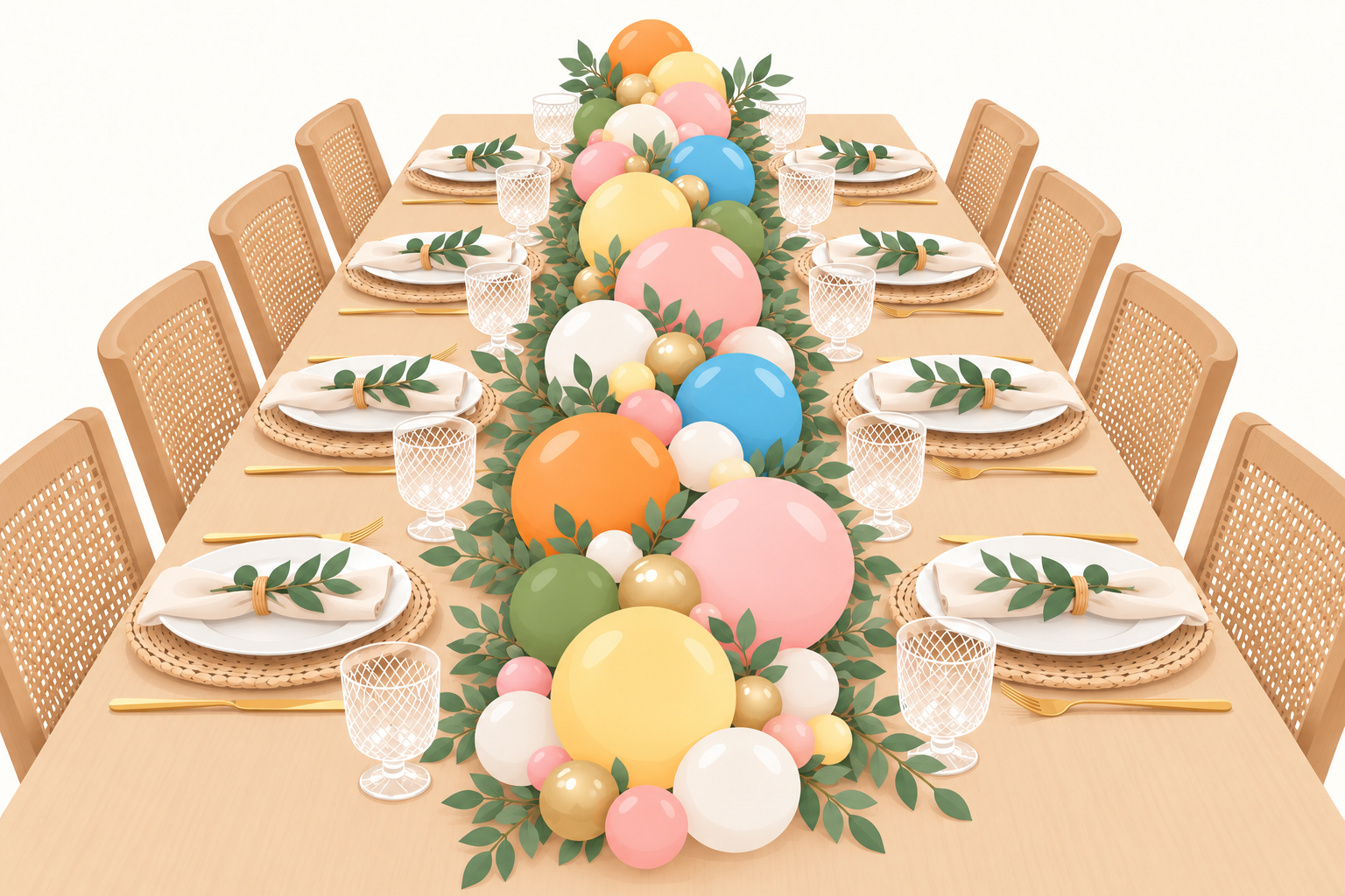 Illustration of a balloon table runner down the center of a dining table