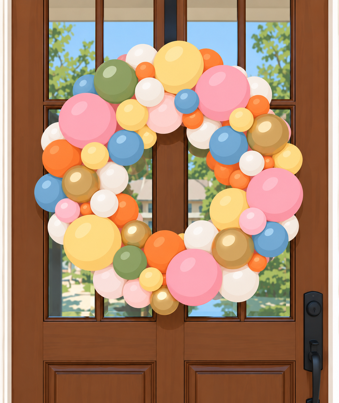 Illustration of a 24-inch balloon wreath on a front door